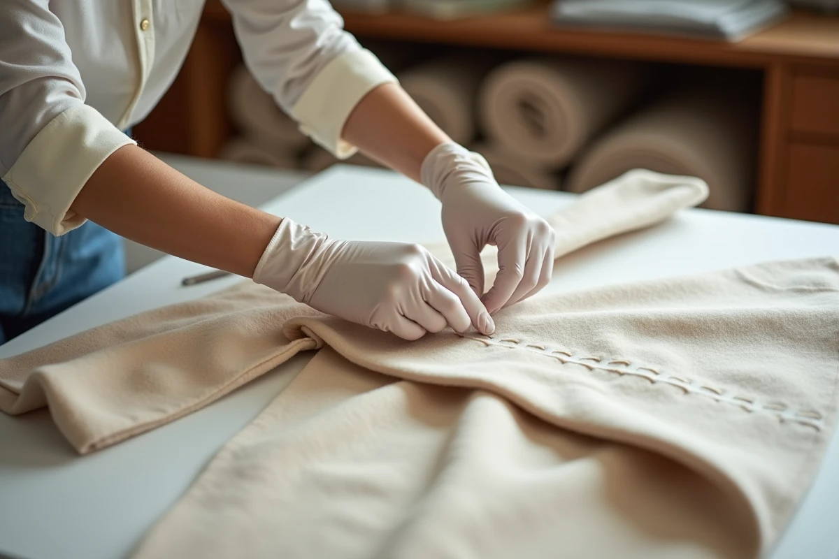 Inspection minutieuse des coutures d'un manteau en cachemire de luxe par une spécialiste en retouche à Reims