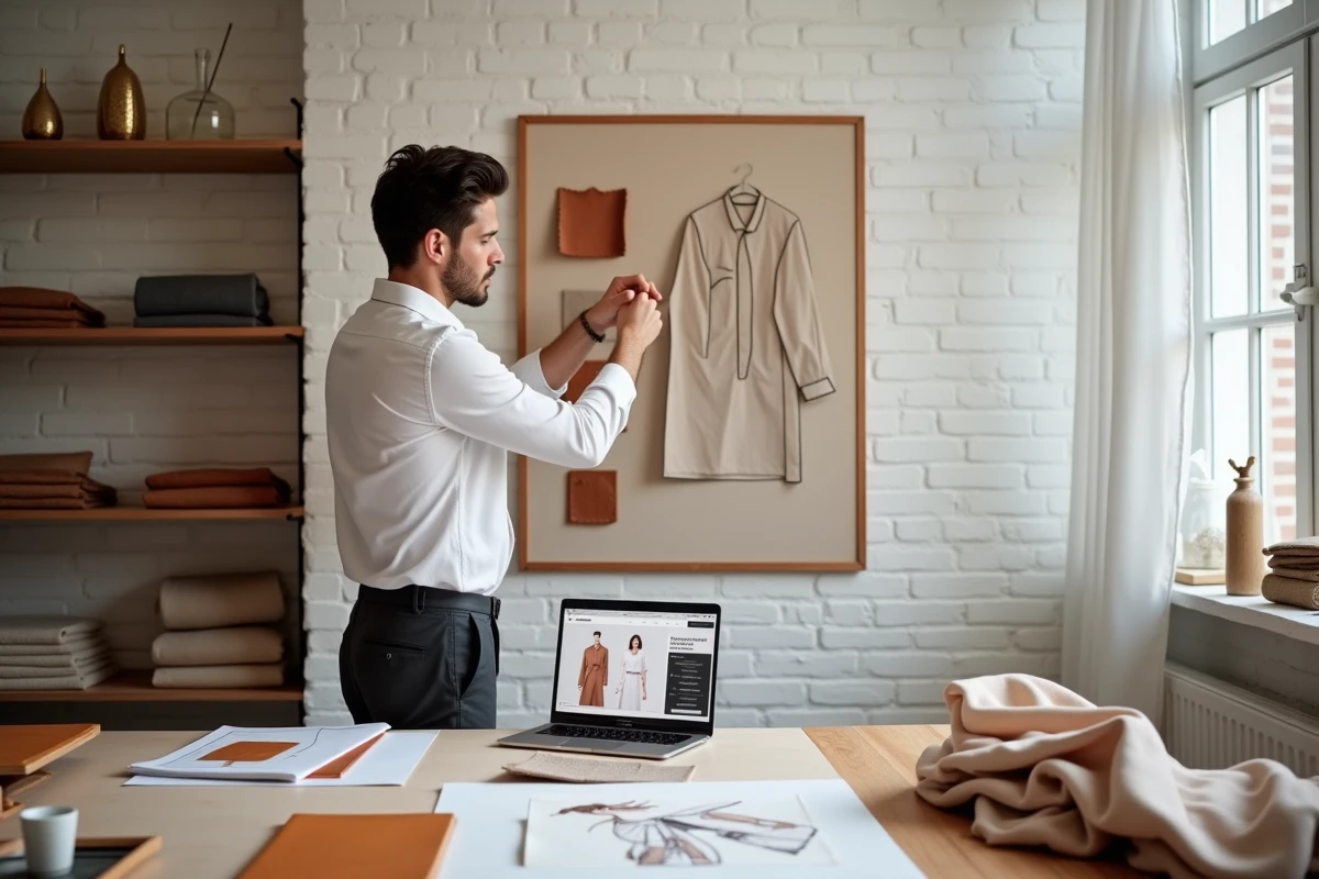 Jeune créateur de mode épinglant des échantillons de tissu sur un moodboard dans son studio créatif avec croquis et plateforme de découverte de talents luxe