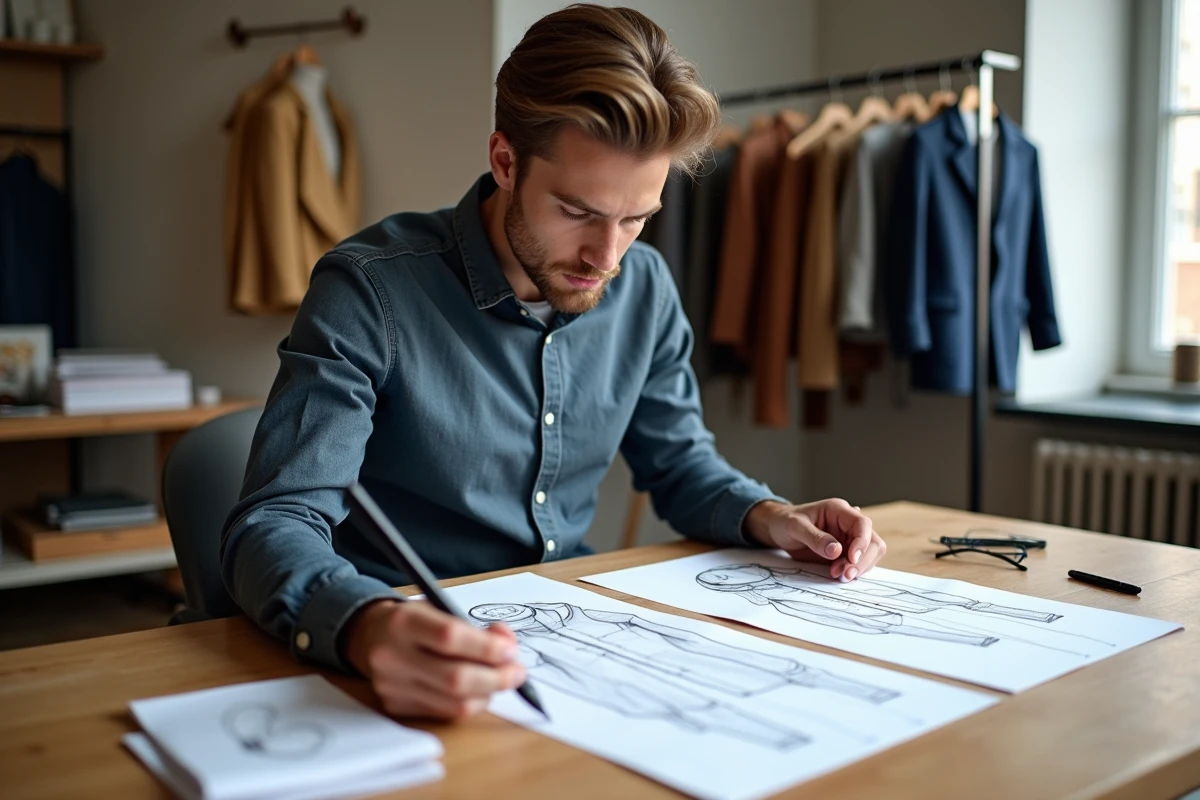 Jeune designer de mode examinant des croquis dans son atelier