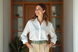 Jeune femme élégante ajuste sa ceinture dans un intérieur moderne