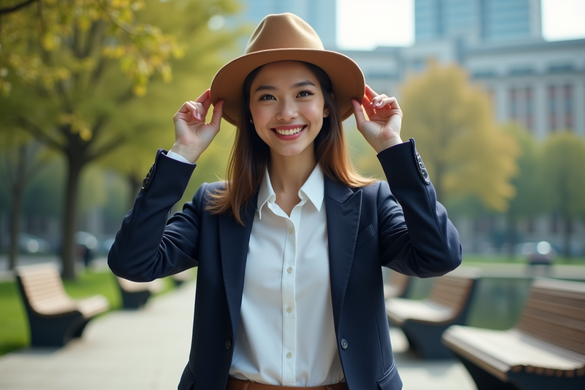 Jeune femme en blazer et fedora dans un parc urbain