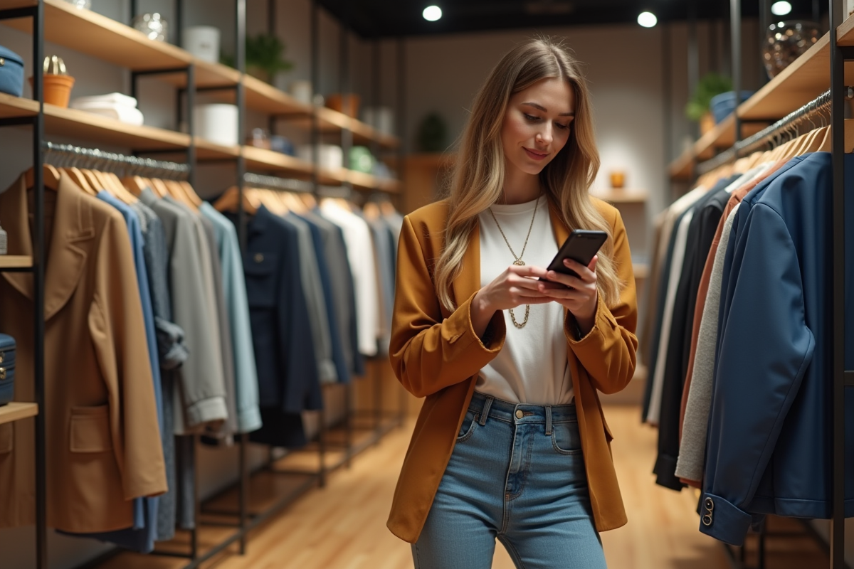 Jeune femme en blazer et jeans dans une boutique de mode