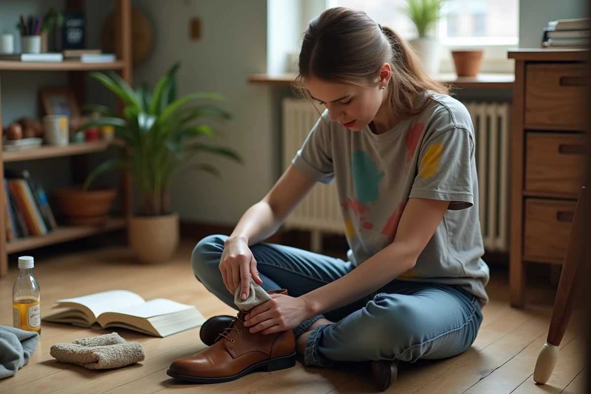 Jeune femme polissant une bottine en cuir dans un appartement