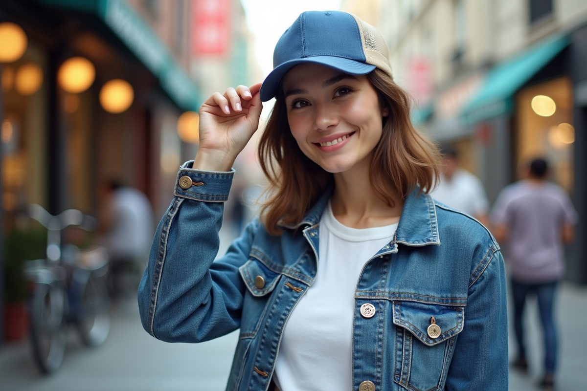 Jeune femme en ville ajustant sa casquette tendance