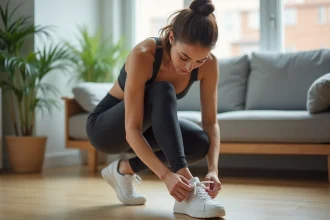 Jeune femme en sport se lace ses baskets blanches