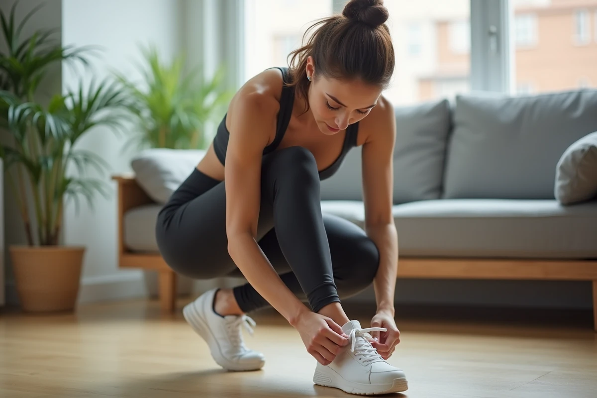 Jeune femme en sport se lace ses baskets blanches