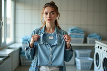 Jeune femme dans une laverie regardant un v&ecirc;tement avec &eacute;tiquette de s&eacute;curit&eacute;