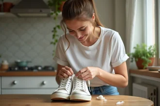 Jeune femme nettoyant ses sneakers en cuisine lumineuse