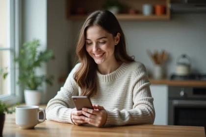 Jeune femme souriante utilisant son t&eacute;l&eacute;phone dans une cuisine moderne