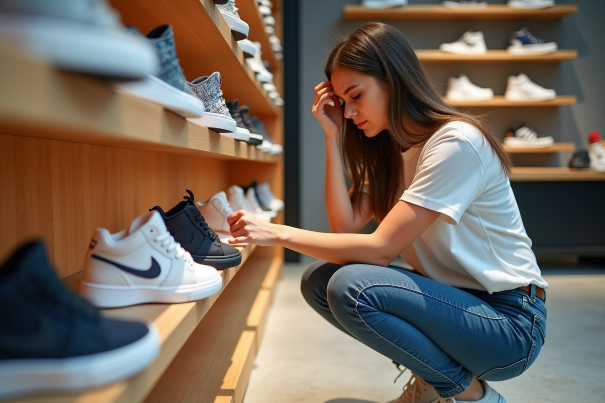 Jeune femme examine des sneakers dans une boutique moderne