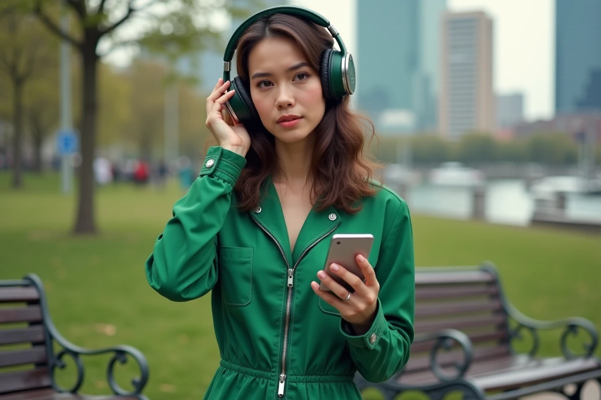 Jeune femme en combinaison verte ajustant ses &eacute;couteurs en plein air