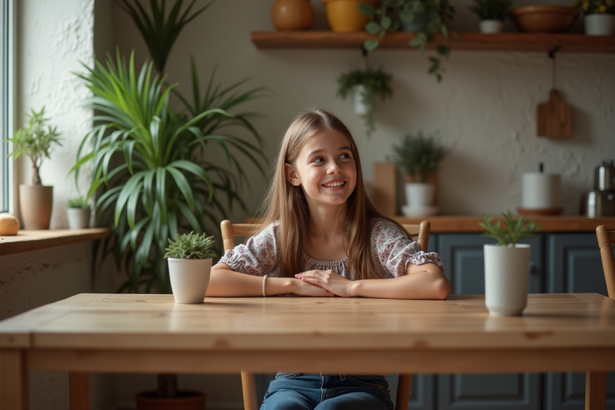 Jeune fille souriante avec sa mère à la maison