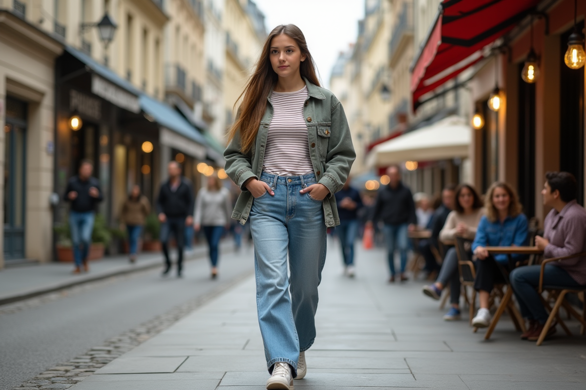 Jeune fille mode déambulant dans une rue parisienne