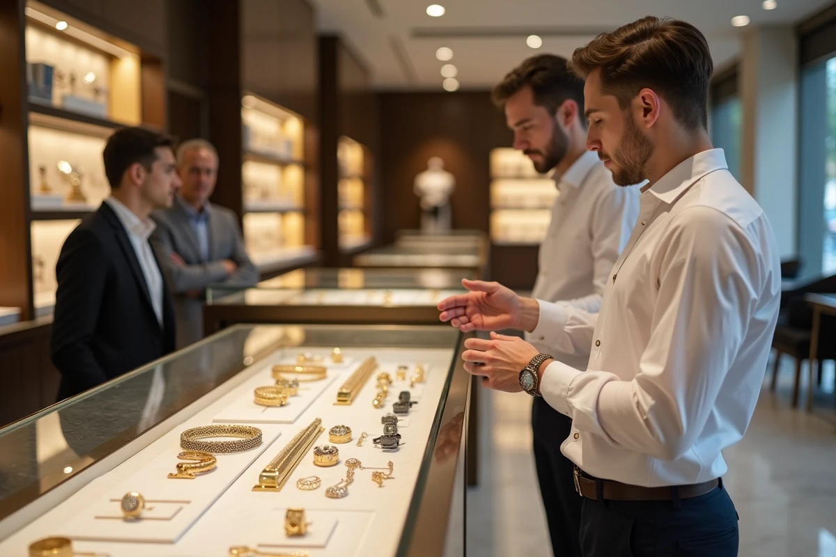 Jeune homme achète un bracelet en bijouterie haut de gamme
