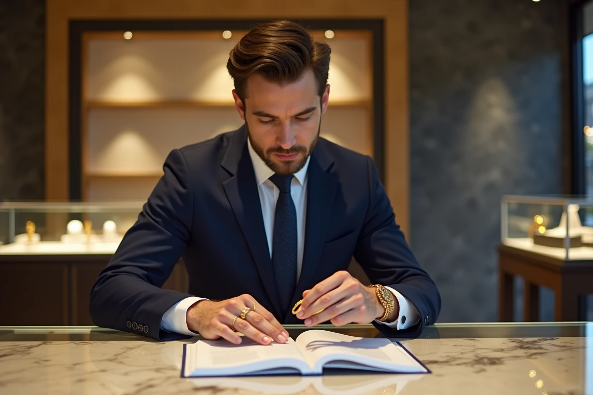 Jeune homme comparant des bracelets en or dans une boutique moderne