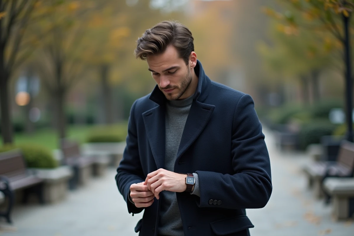 Jeune homme en manteau regardant son bracelet dans un parc urbain