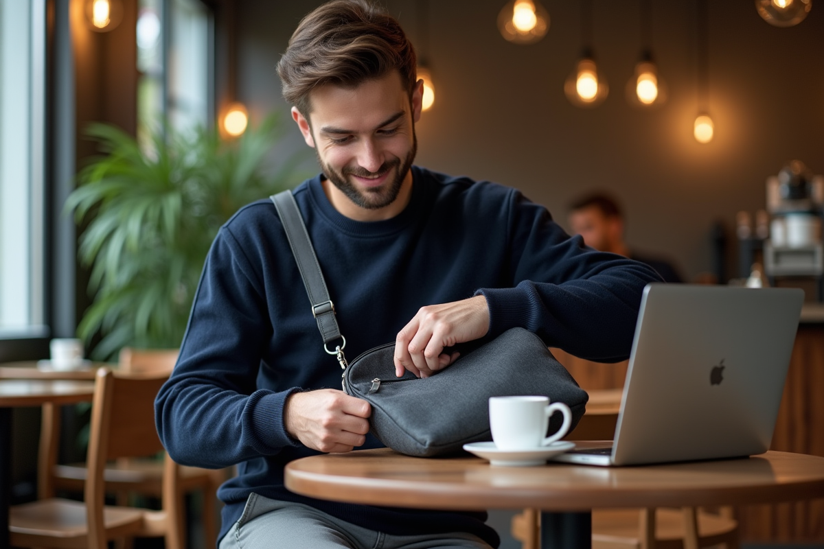 Jeune homme au café avec sac à bandoulière gris