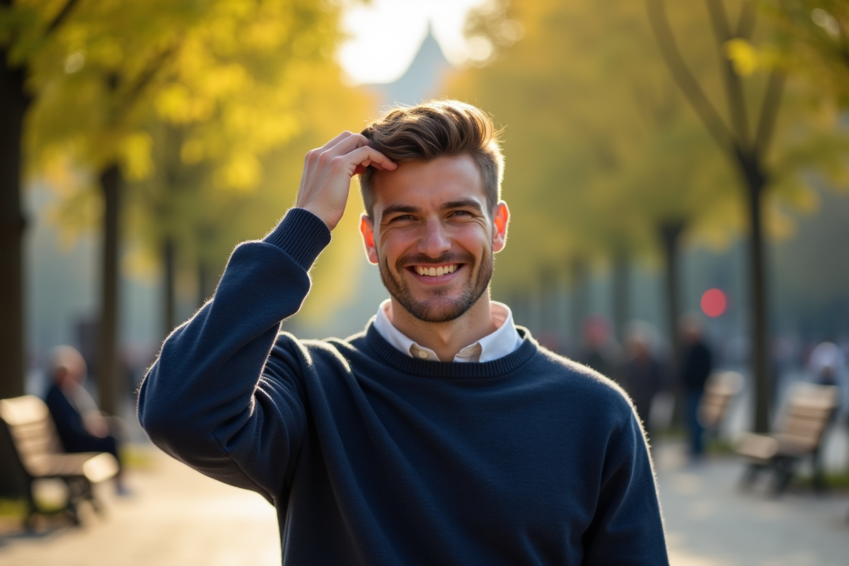 Jeune homme dans un parc urbain avec coiffure texturée