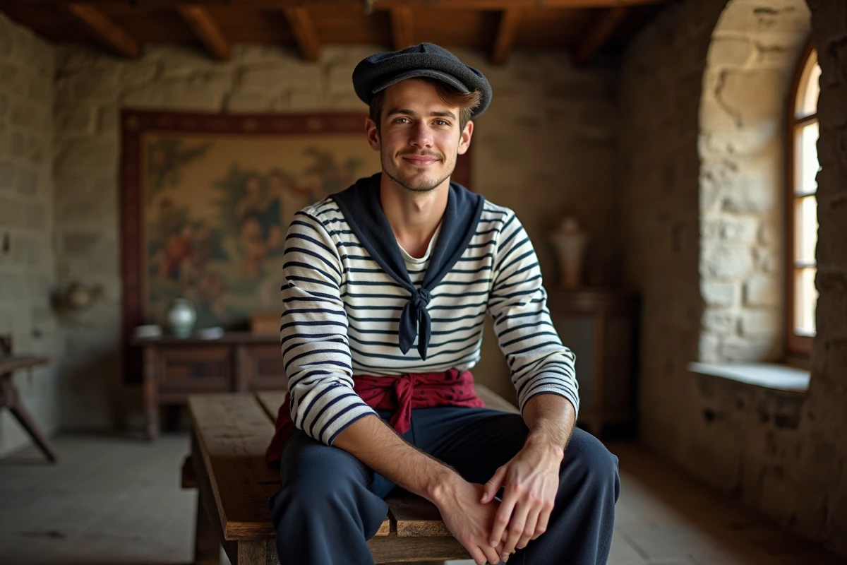 Jeune homme fran&ccedil;ais en tenue bretonne dans une ferme ancienne