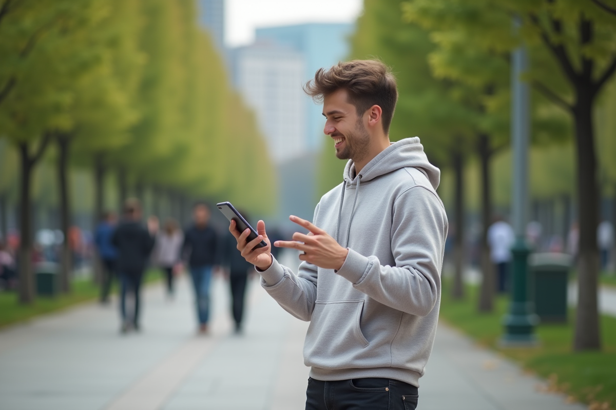 Jeune homme en live dans un parc urbain dynamique