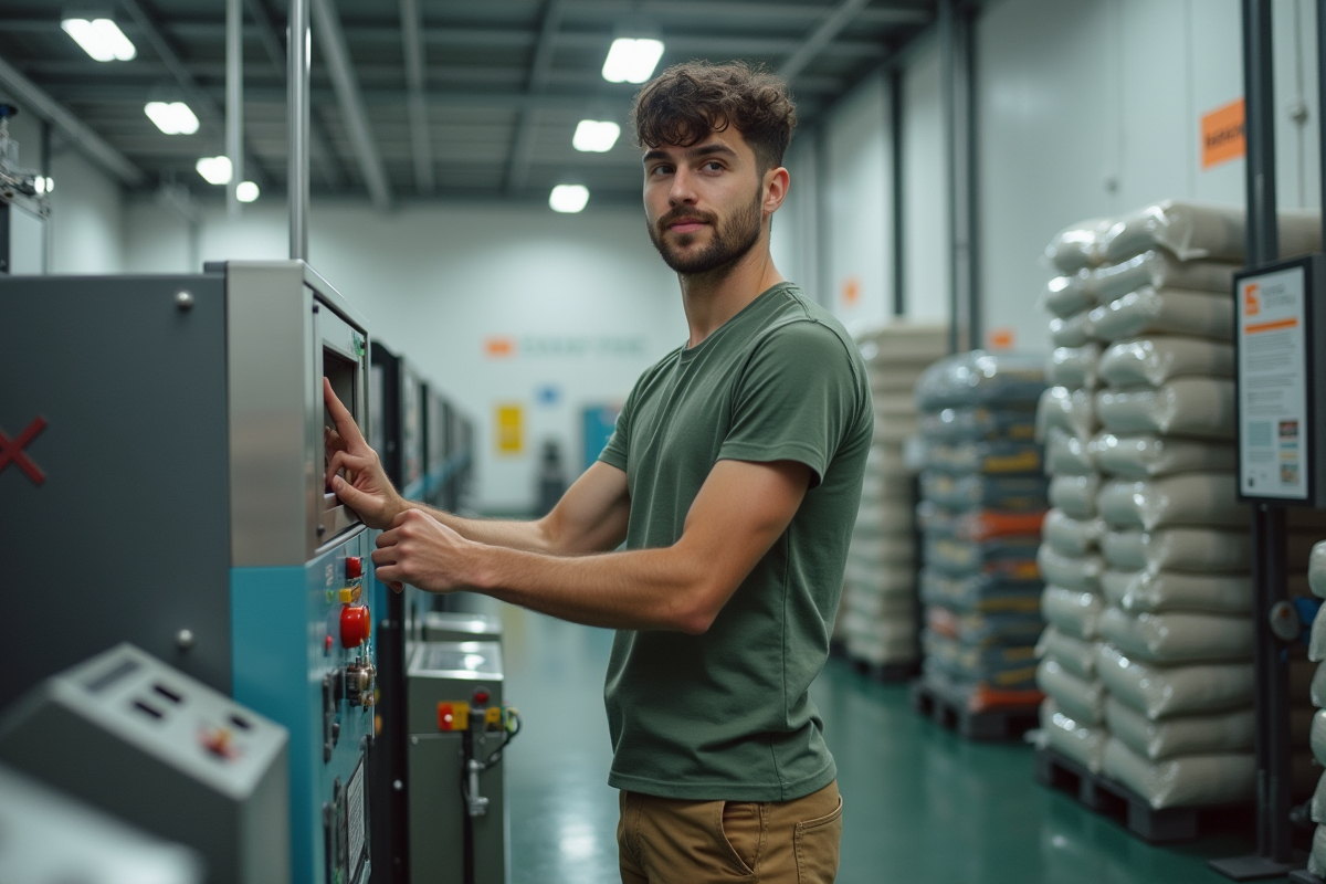 Jeune homme utilisant une machine de recyclage textile en usine