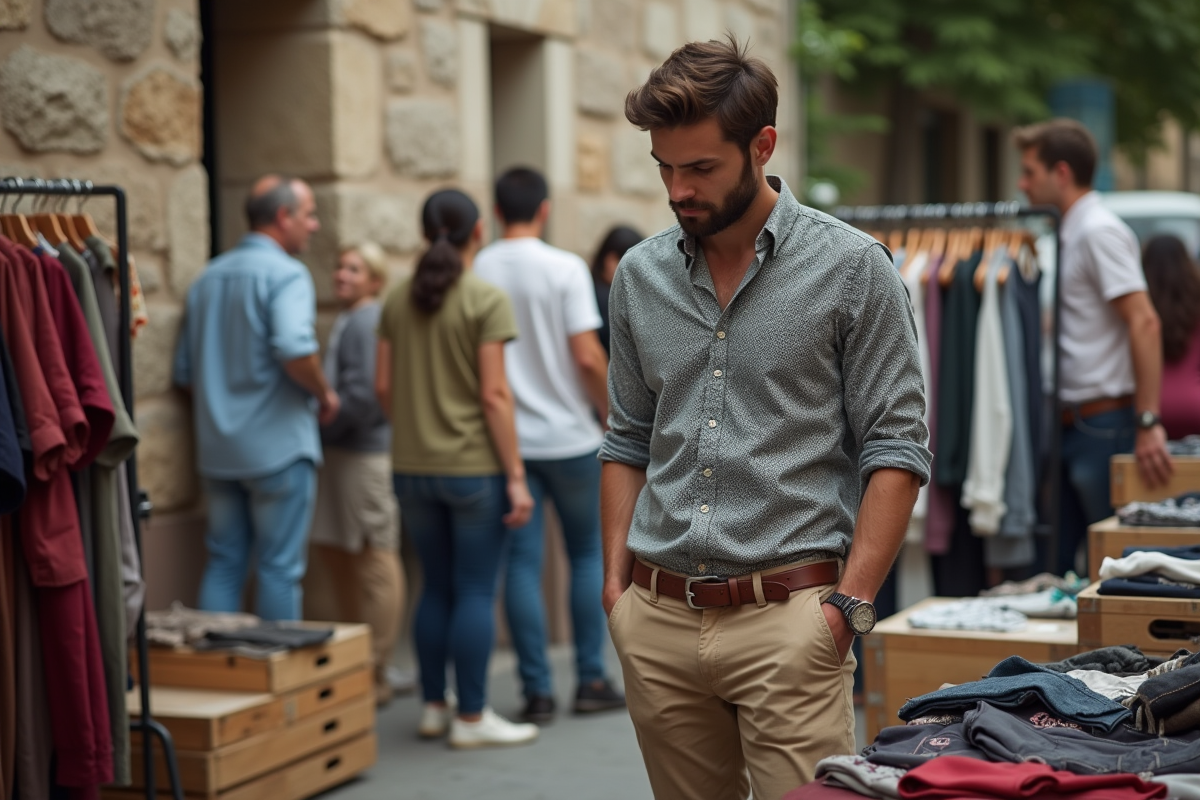 Jeune homme en vêtements vintage au marché urbain