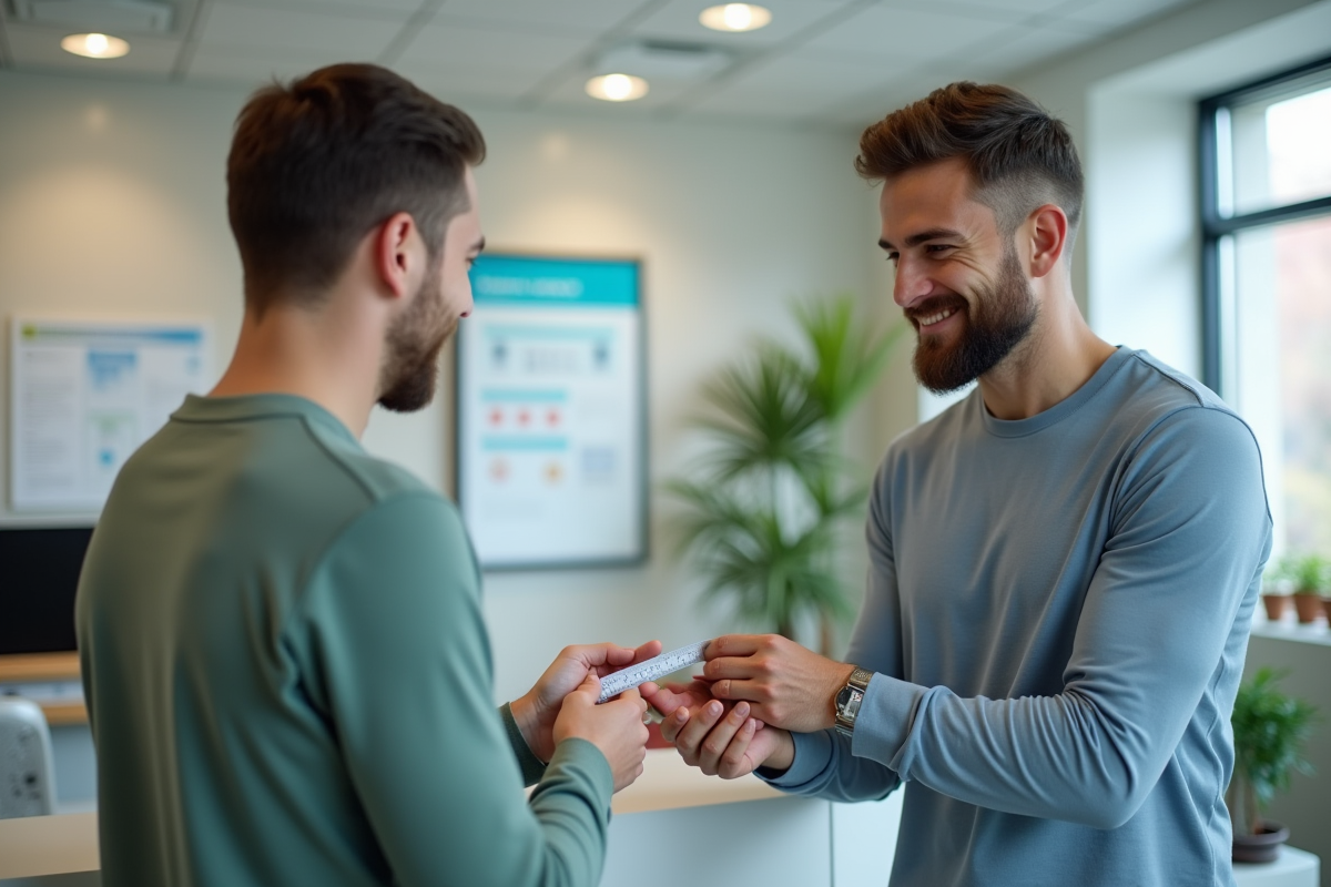 Jeune homme mesurant son poignet avec un ami en clinique