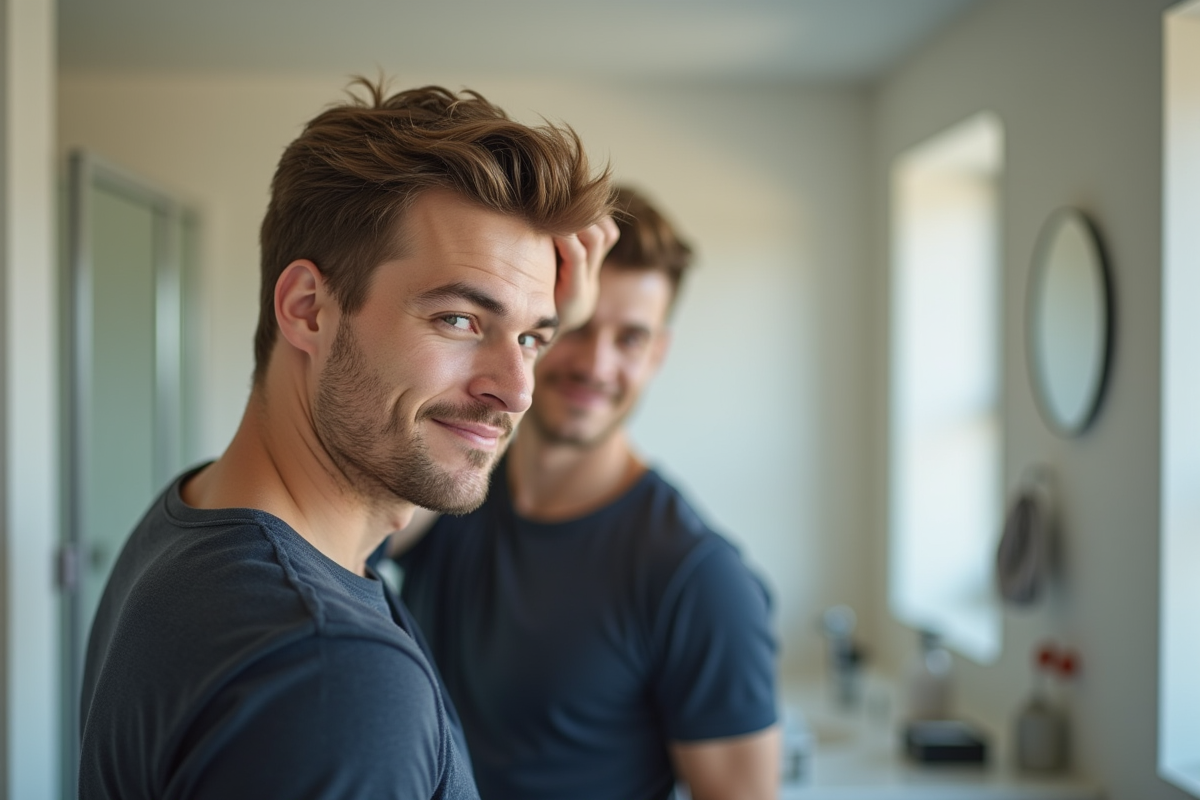 Jeune homme regardant dans le miroir en se coiffant