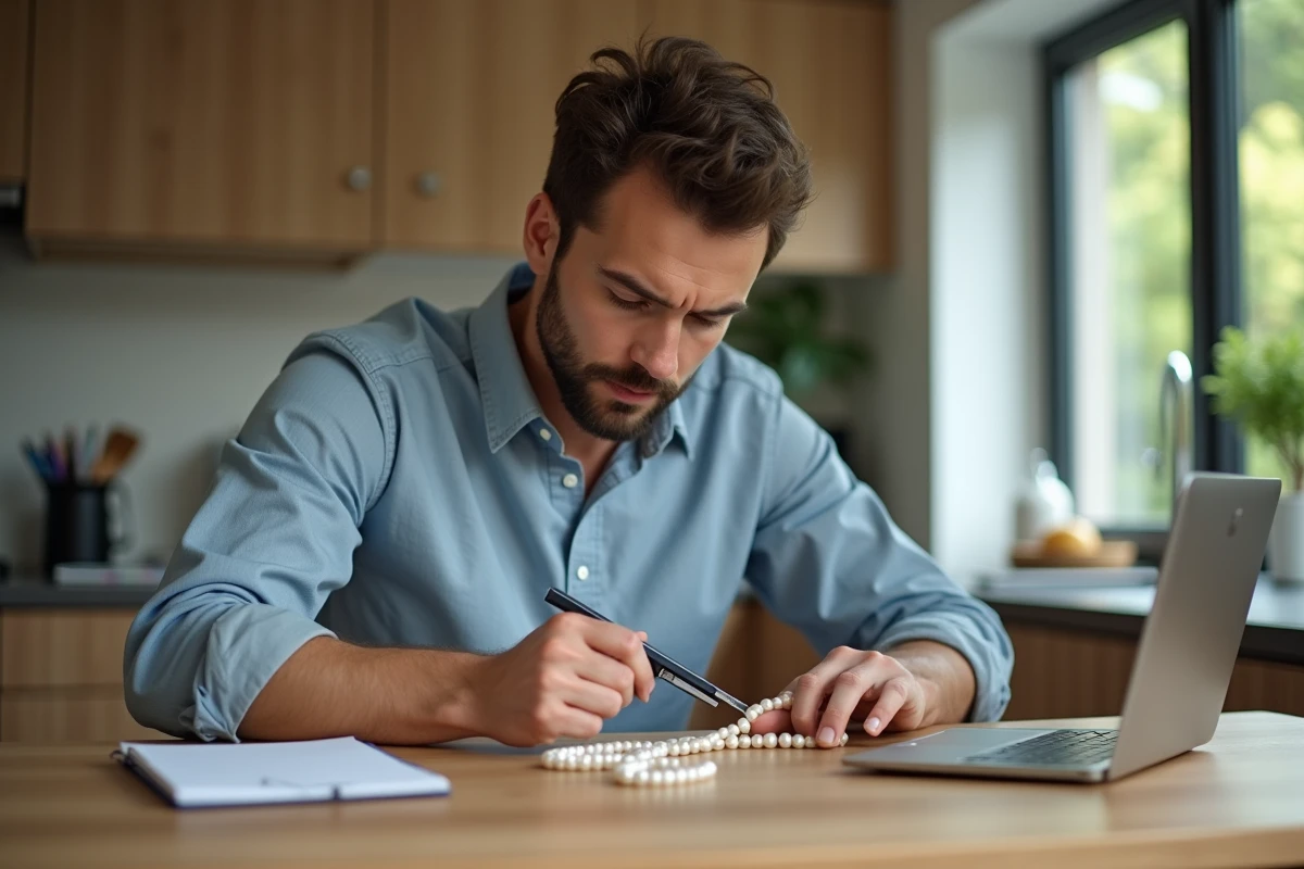 Jeune homme contr&ocirc;lant des perles dans une cuisine moderne