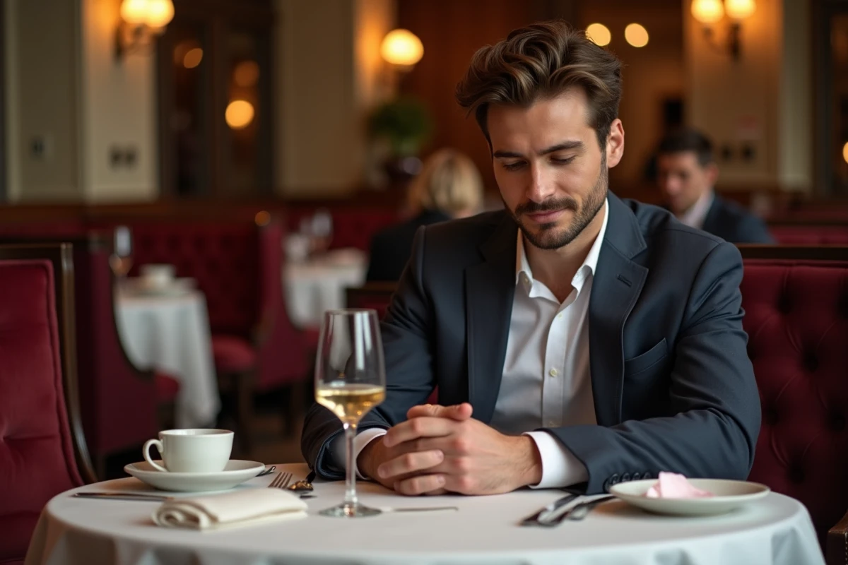 Jeune homme pensif seul à une table élégante dans un restaurant raffine