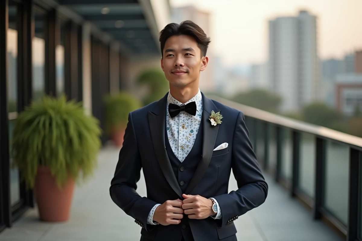 Jeune homme en extérieur réimaginant un costume floral