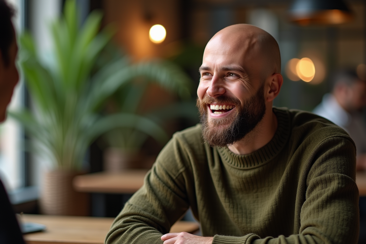 Jeune homme chauve souriant dans un café