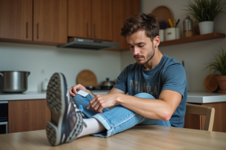 Jeune homme inspectant la étiquette de sa sneaker