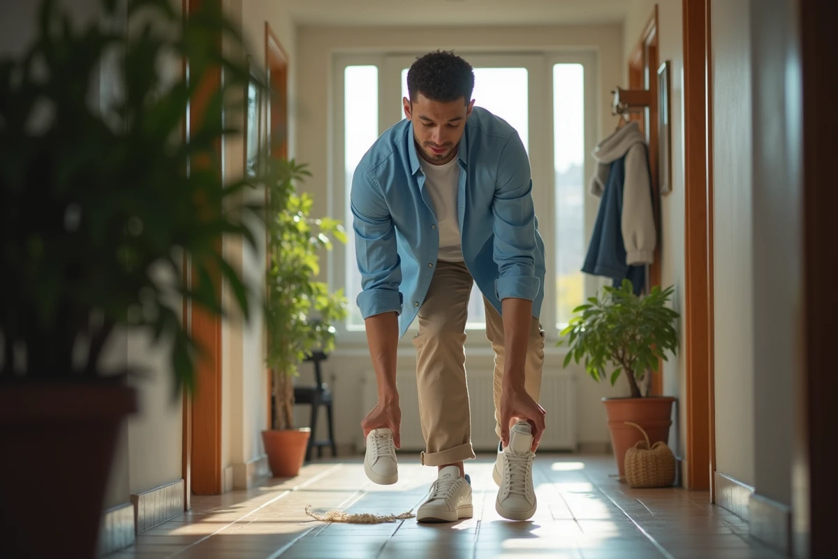 Jeune homme ajustant ses sneakers blancs dans l