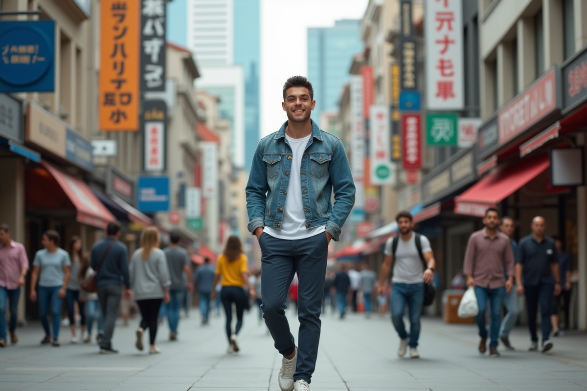 Jeune homme moderne marchant en ville avec sourire confiant