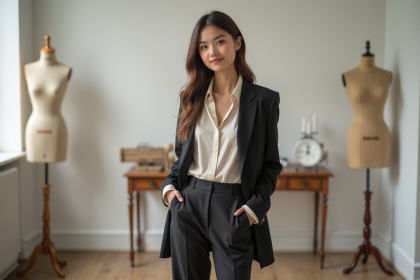 Jeune femme mannequin mode en tailleur à Paris