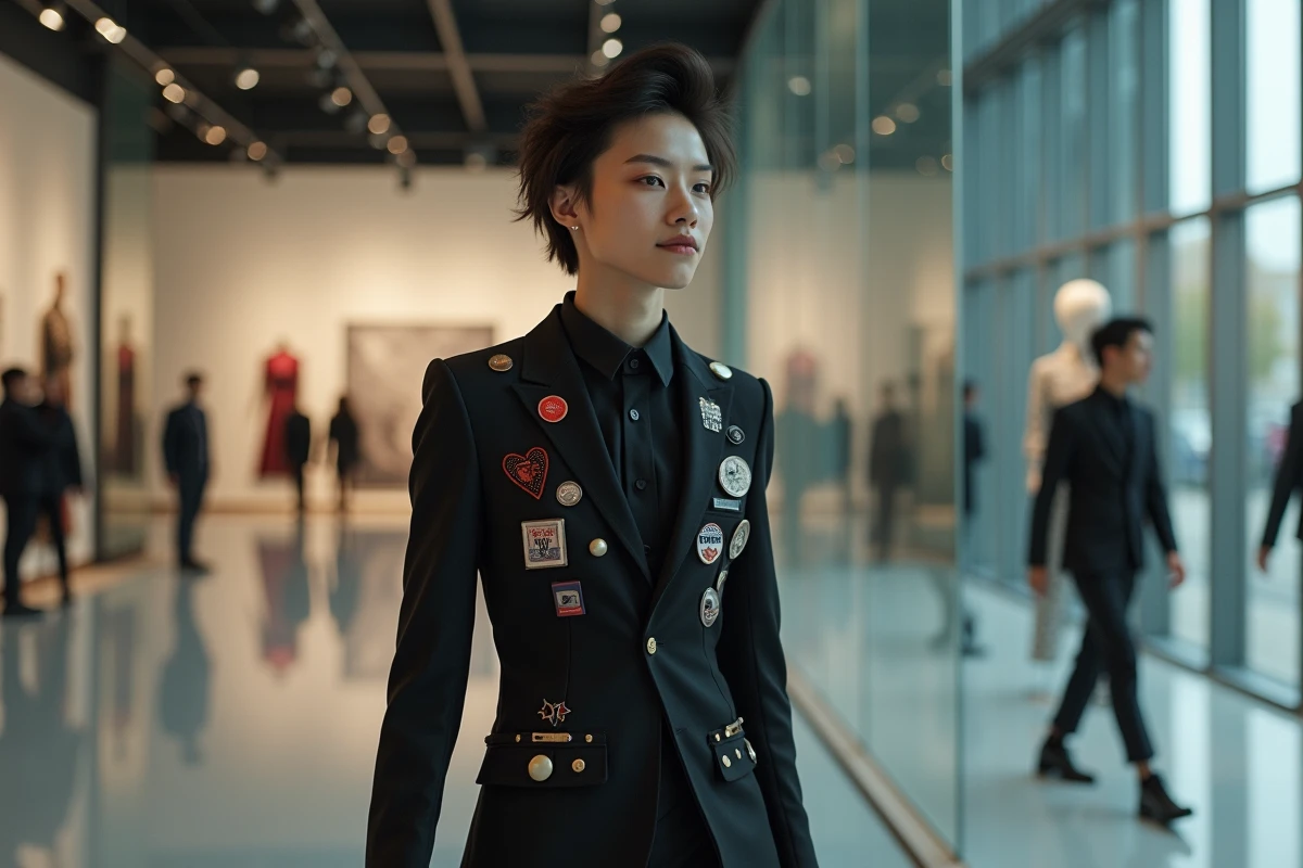 Jeune nonbinaire en costume dans une galerie d