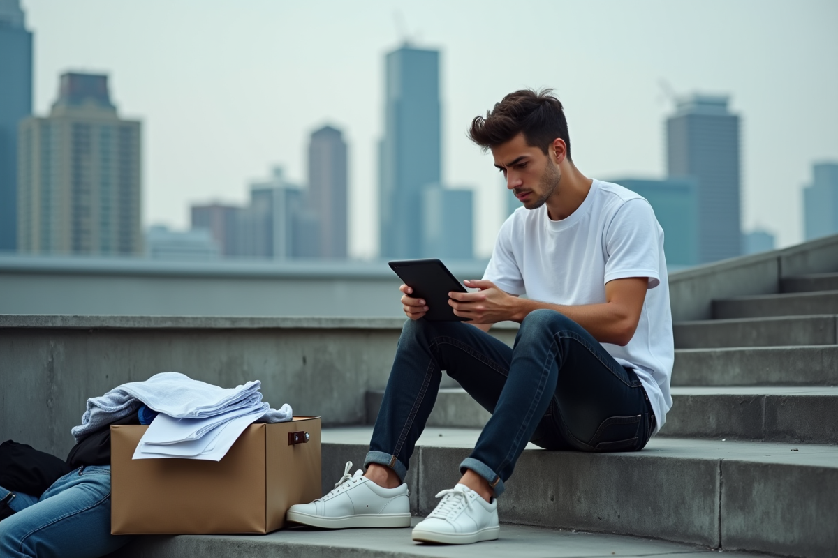 Jeune styliste homme sur un escalier en ville avec tablette