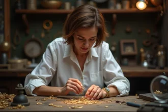 Bijoutière examinant un anneau en or avec loupe dans son atelier