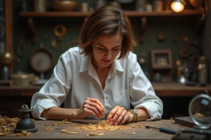 Bijoutière examinant un anneau en or avec loupe dans son atelier