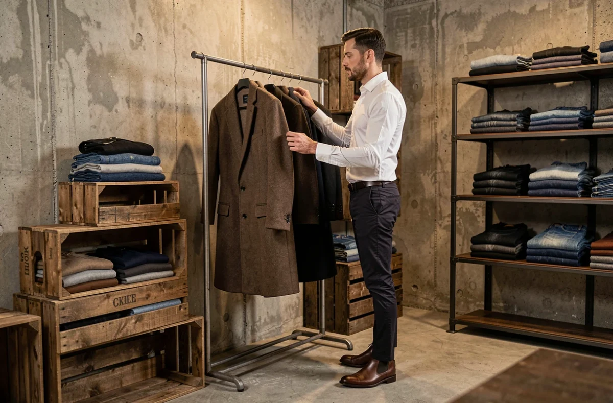 Homme essayant un manteau en laine dans la boutique masculine Le Patron à Rennes, décor industriel chic