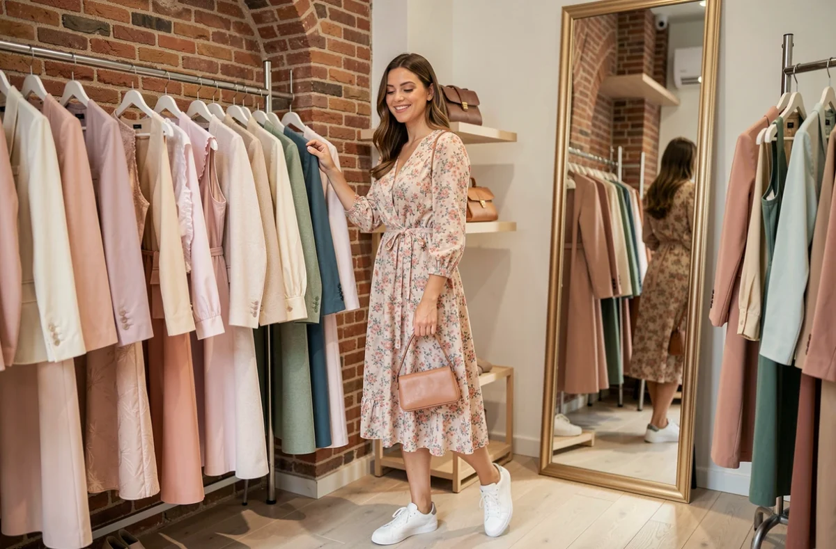 Cliente feuilletant des robes et vêtements féminins dans la boutique Les Insolentes à Rennes