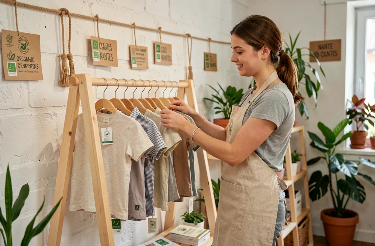 La boutique écoresponsable Lililotte à Nantes avec ses vêtements en coton bio pour enfants sur des présentoirs en bois naturel