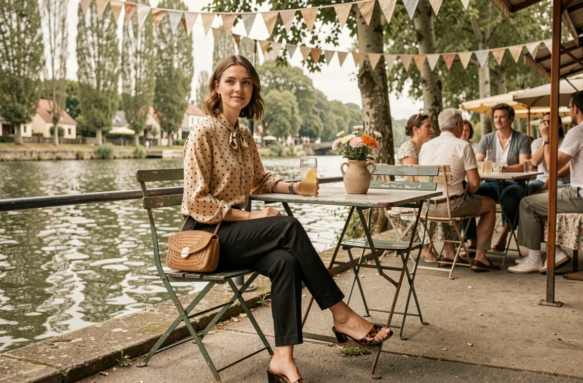 Femme assise en terrasse de guinguette portant un pantalon noir en lin et un chemisier à pois dans un style années 50