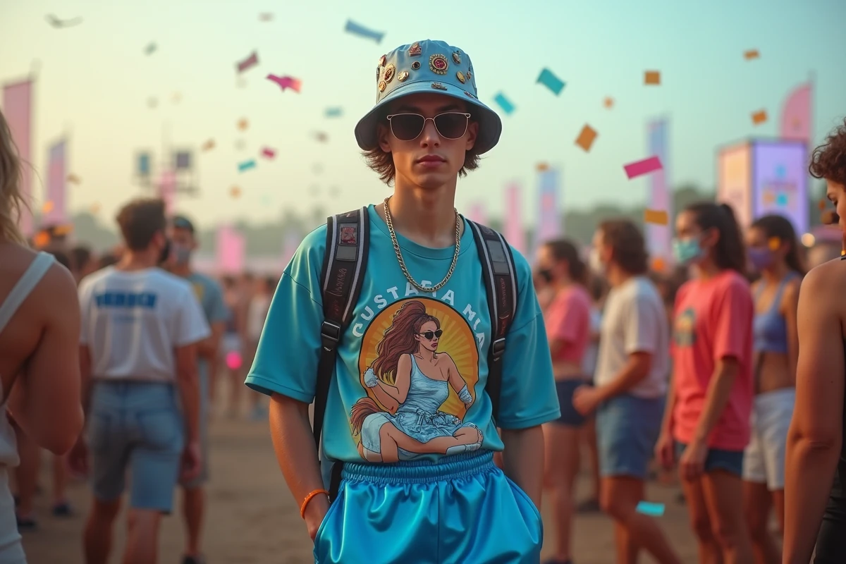 Look Y2K masculin pour concert 2026 : pantalon de survêtement brillant bleu électrique, t-shirt graphique baggy et accessoires rétro dans une foule de festival
