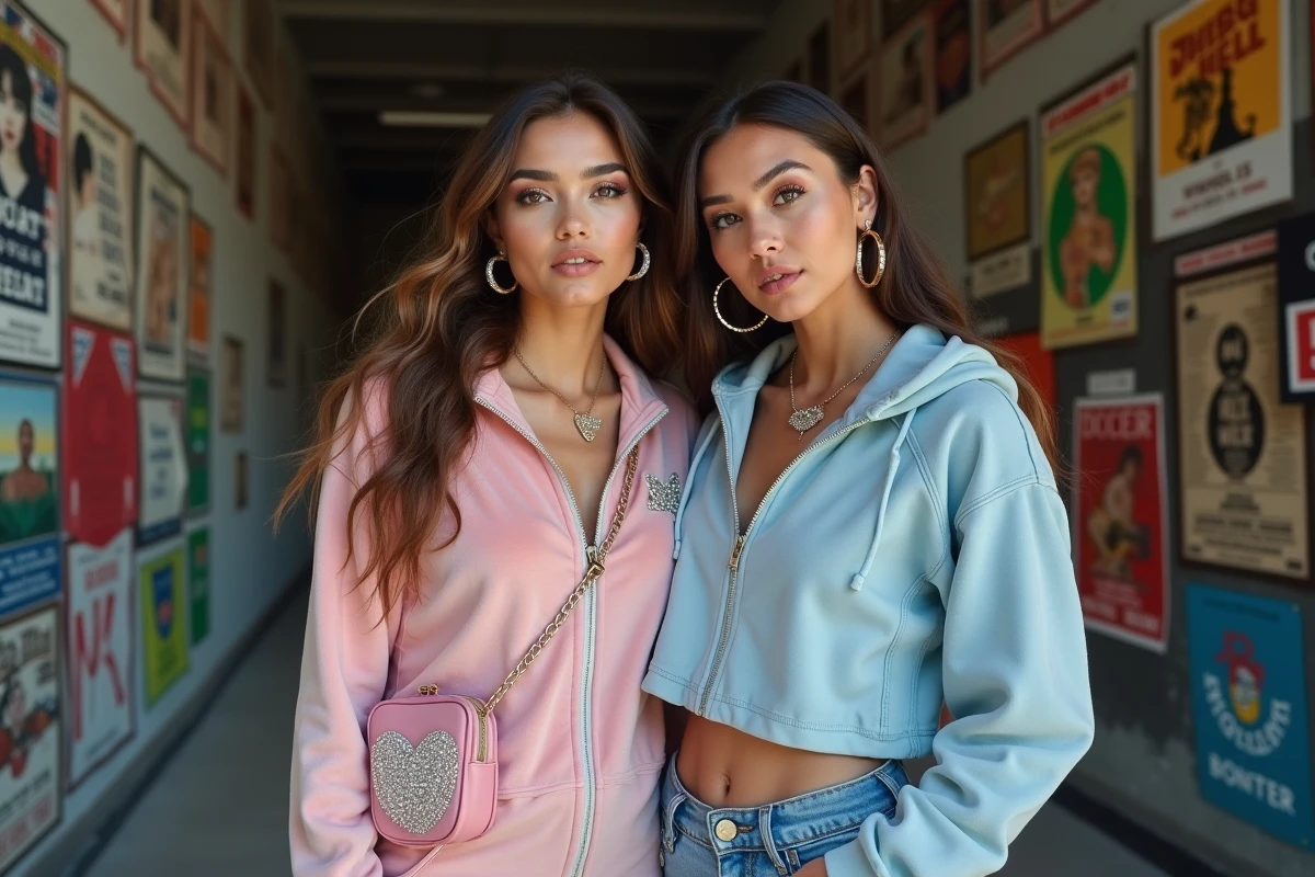 Deux amies en tenues Y2K coordonnées backstage d'un concert : survêtement velours rose et ensemble denim bleu bébé style années 2000