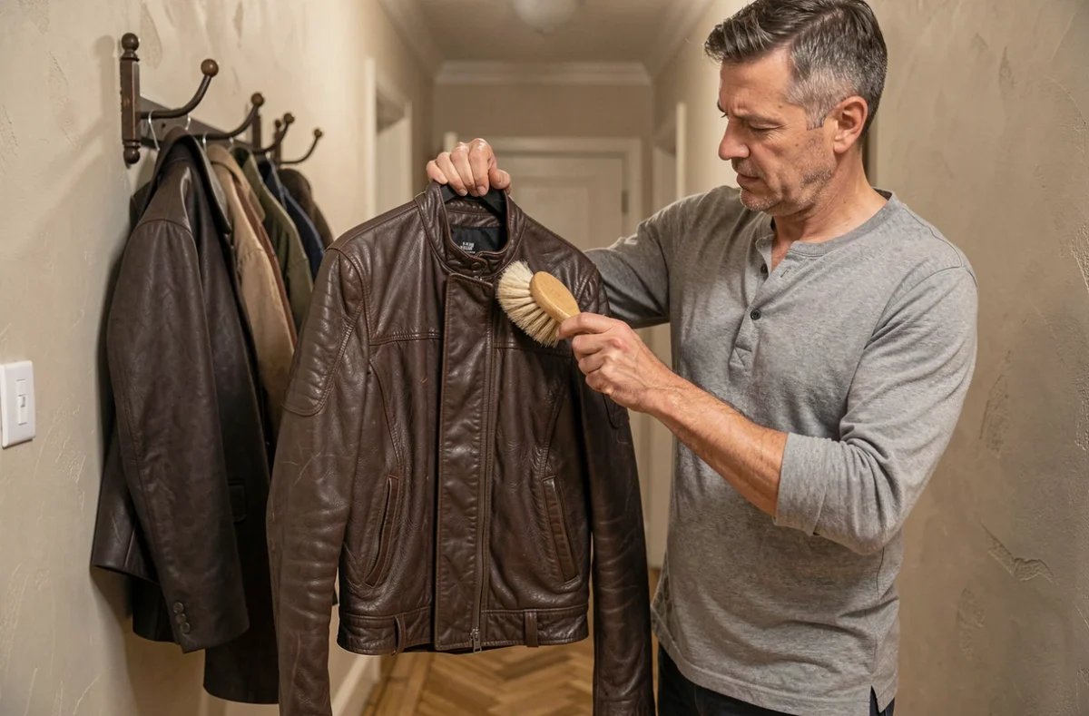 Homme lustrant une veste en cuir marron avec une brosse en crin dans un couloir d'appartement