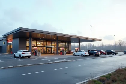 Vue extérieure d'un grand complexe commercial avec station-service à la frontière, parking spacieux et pompes à carburant modernes