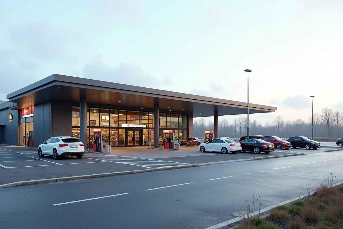 Vue extérieure d'un grand complexe commercial avec station-service à la frontière, parking spacieux et pompes à carburant modernes