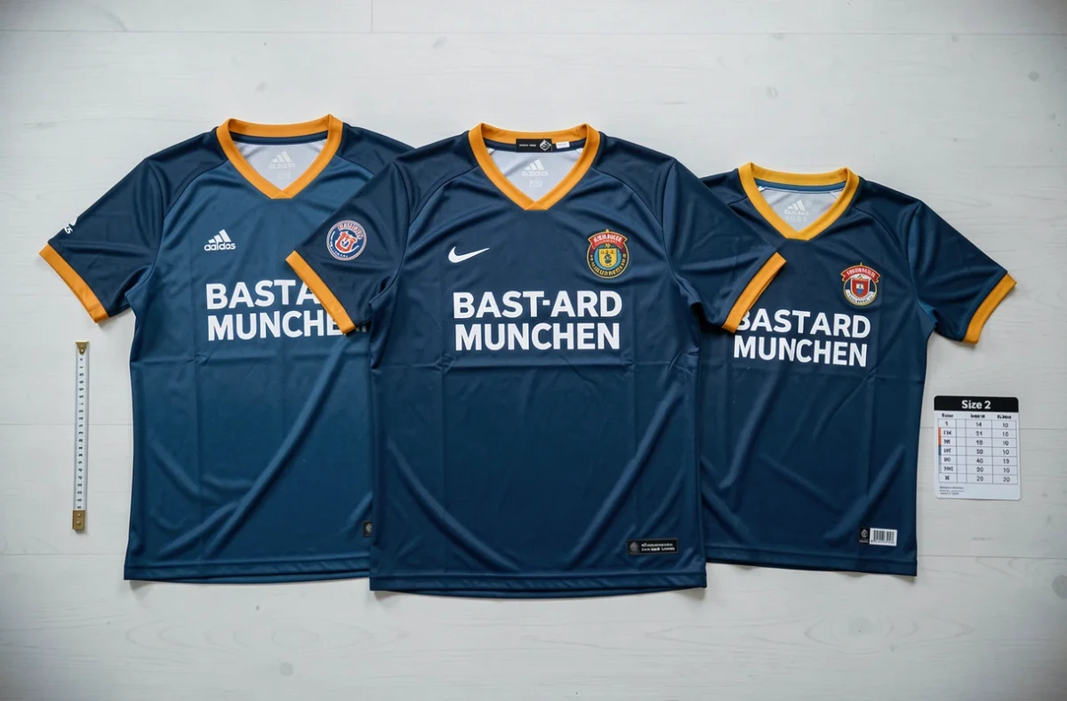 Comparaison de trois tailles de maillots Bastard Munchen disposés à plat pour illustrer les différences de coupe